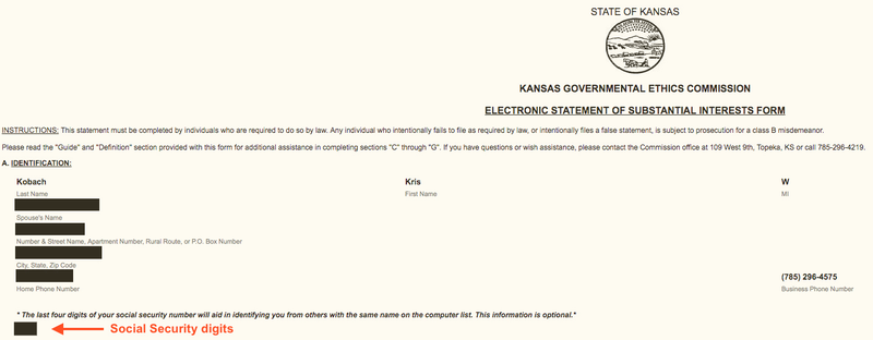 Screenshot of Kris Kobach’s form containing SSN4 previously exposed on the Kansas Secretary of State’s website.